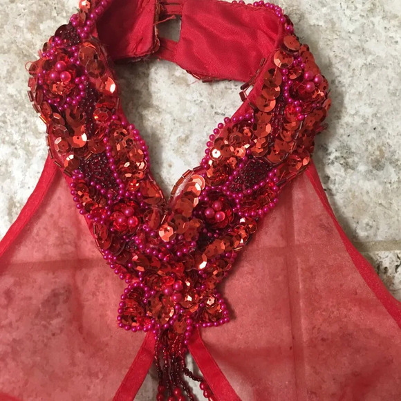LA GLO Red Sequin Beaded Mini Dress Halter Neck Women's Size 7/8 Festive Dress - Picture 6 of 14